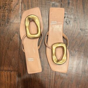 Jeffrey Campbell Nude Pink Square-Toe Slide Sandals with Gold Accent